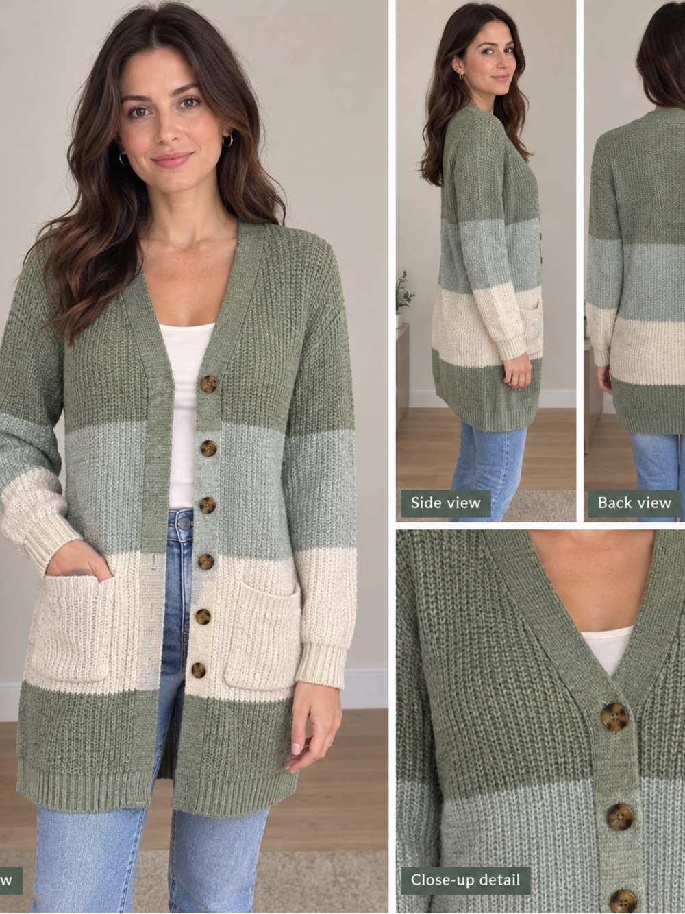 Pink Rose Olive, Sage & Cream Striped Long Cardigan
